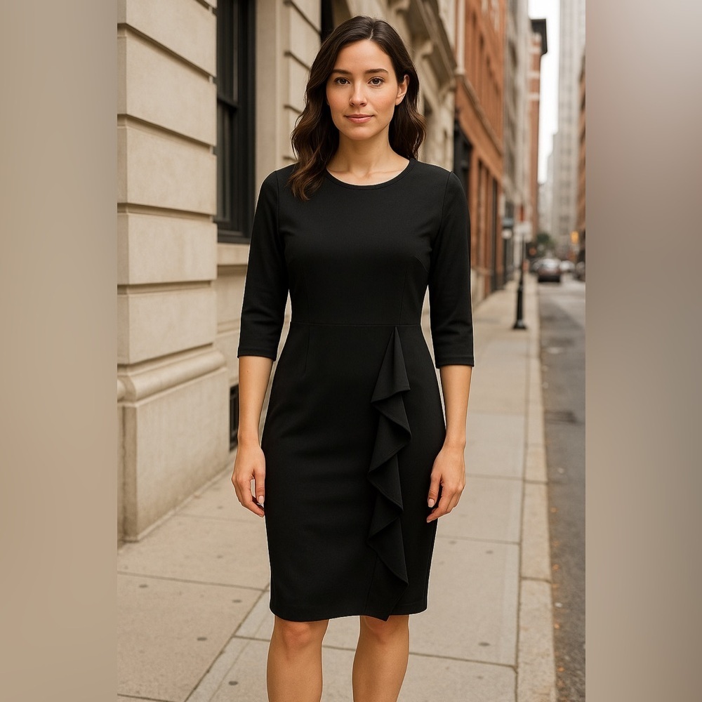 🖤 Oxiuly Fashion Black Ruffle Sheath Dress – Size XL – Elegant Knee-Length ✨